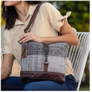 Myra Bag Rough Textured Shoulder Purse Leather Trim Tassel Accent
